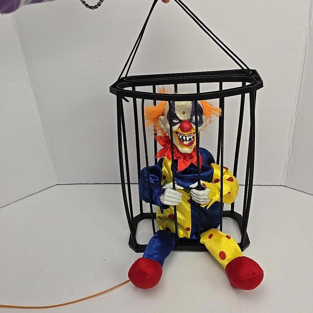 Animated Evil Hanging Caged Talking Clown Motion Censor Halloween Decoration